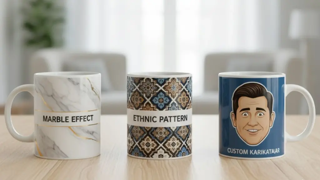 Desain Mug Tema bertema Marble Effect, Ethnic Pattern, dan Custom Karikatur.