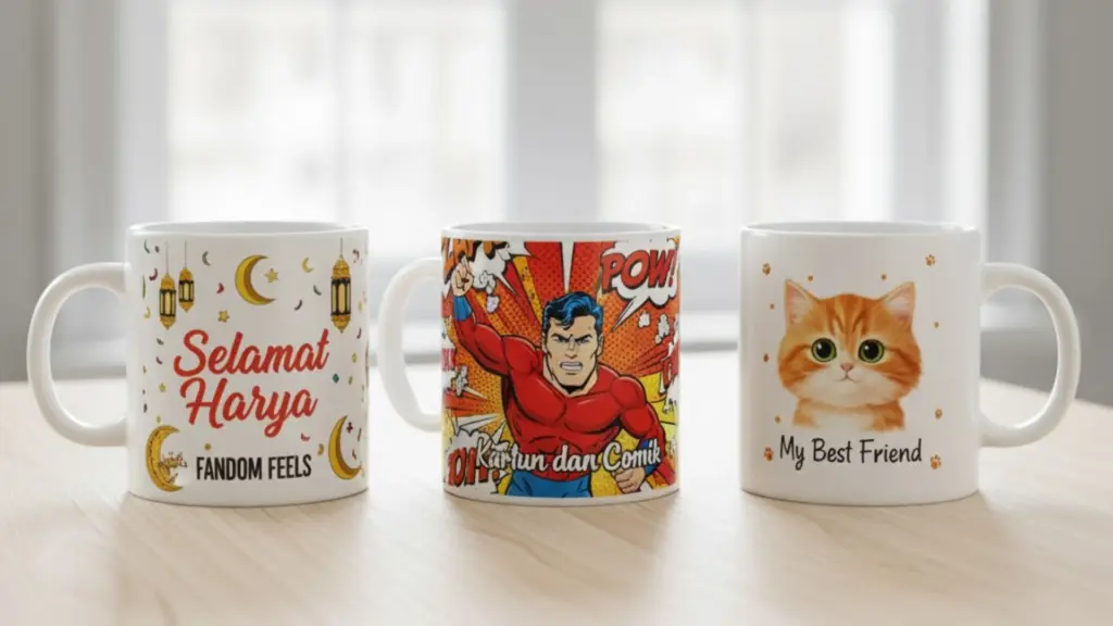 Desain Mug bertema Perayaan Hari Raya, Kartun dan Komik, serta Hewan Peliharaan