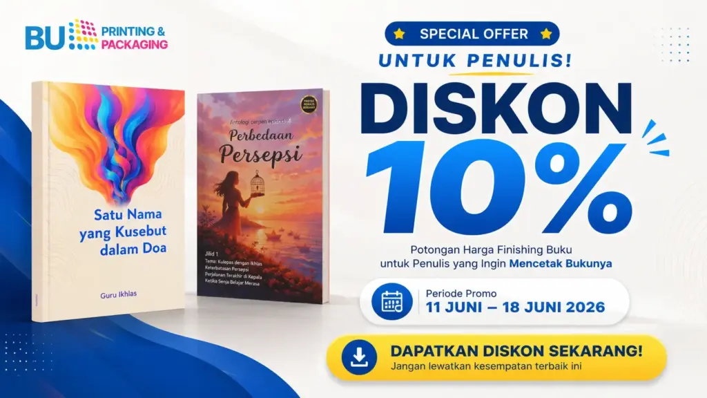 Banner Gimik Diskon Penulis Potongan 10% untuk Finishing Buku