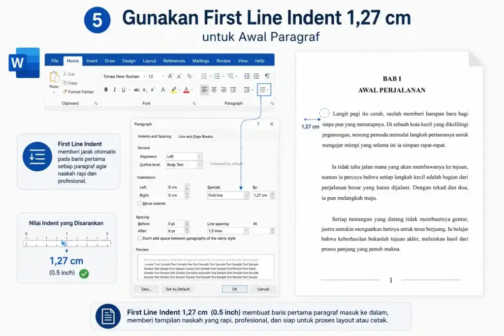 Gunakan First Line Indent 1,27 cm untuk Awal Paragraf