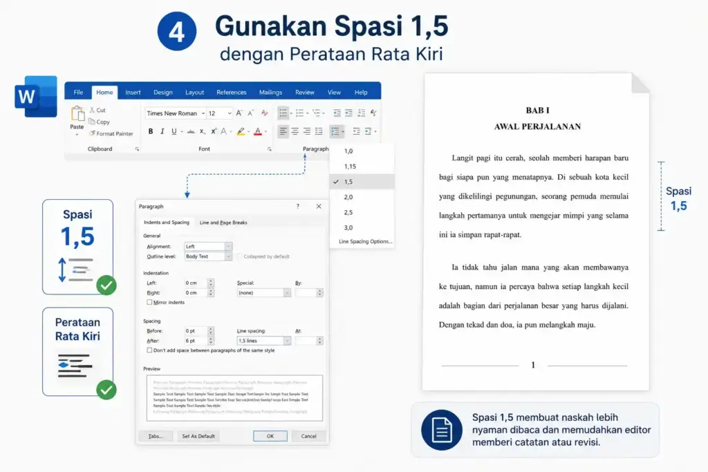 Menggunakan Spasi 1,5 dengan Perataan Rata Kiri