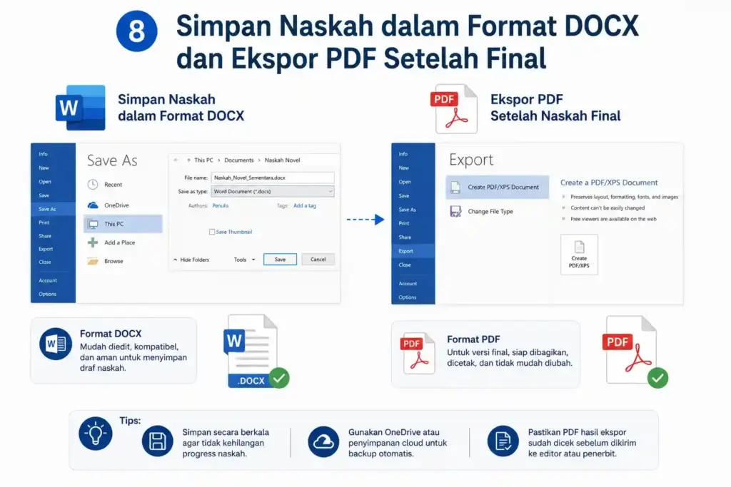 Simpan Naskah dalam Format DOCX dan Ekspor PDF Setelah Final